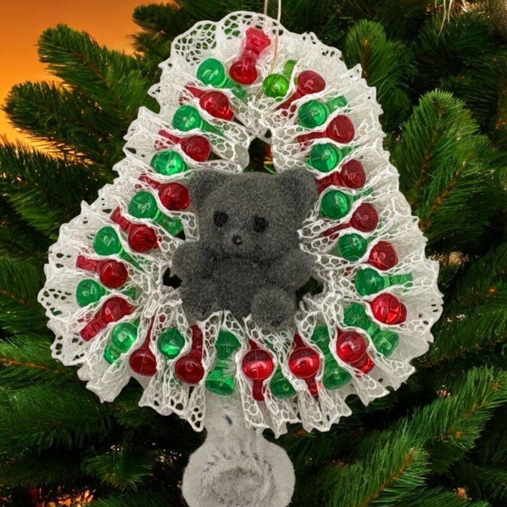 Vintage Teddy Bear Beaded Christmas Tree Ornament Handmade Bell Shaped